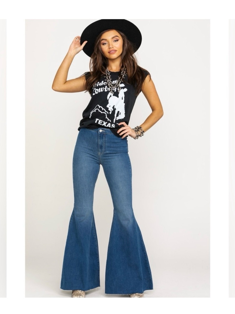 Free People High Rise Super Flare Bell Bottom Jeans Blue Boho 70s -Size 25